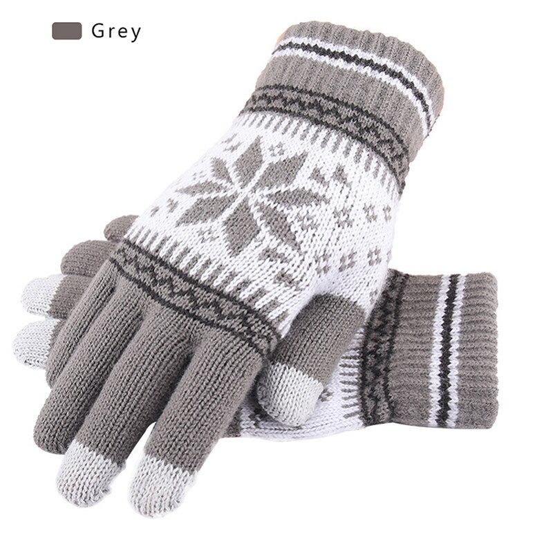 Outdoor Rijden Handschoenen Warme Winter Wol Gebreide Handschoenen Vrouwen En Mannen Sneeuwvlok Patroon Volledige Vinger Unisex Touch Screen handschoenen: Grijs