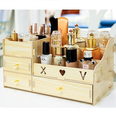 Multifunktions træ desktop opbevaringsboks makeup organizer taske kosmetisk opbevaringsboks gør det selv store makeup organizer skuffer: 3