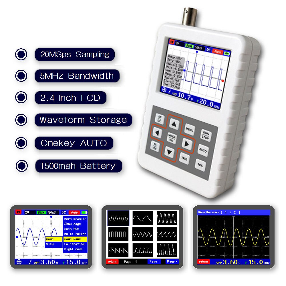 2.4" LCD Digital Oscilloscope Portable 5M Bandwidth 20 MSps Sampling Rate DSO Fnirsi Pro Oscilloscope Kit with 1500Mah Battery