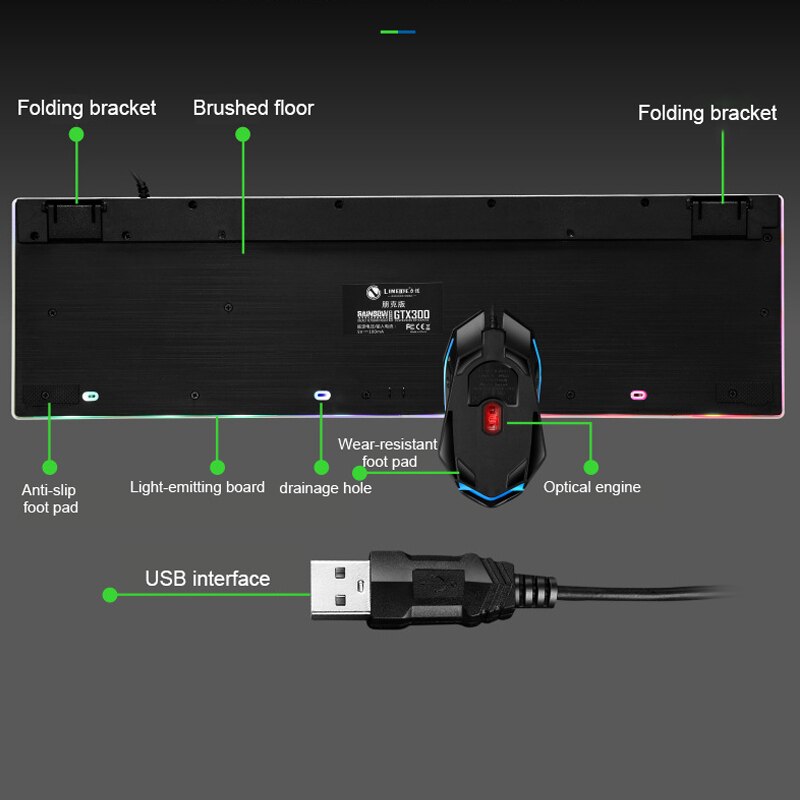 Teclado de ratón Punk impermeable, Combo de teclado Juegos de PC con cable y ratón de 1600DPI, Teclado retroiluminado