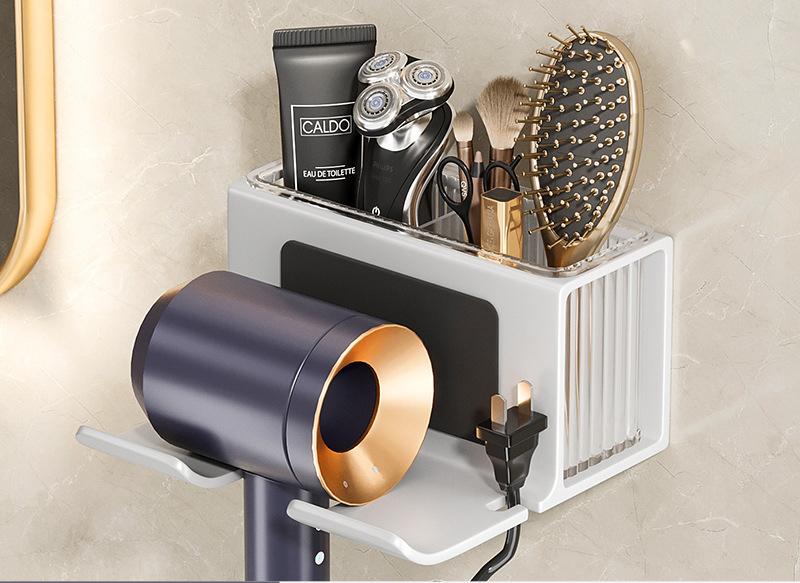 Soporte de aluminio para secador de pelo, estante montado en la pared para baño, estantes de almacenamiento, accesorios, soporte para cepillo: Blanco
