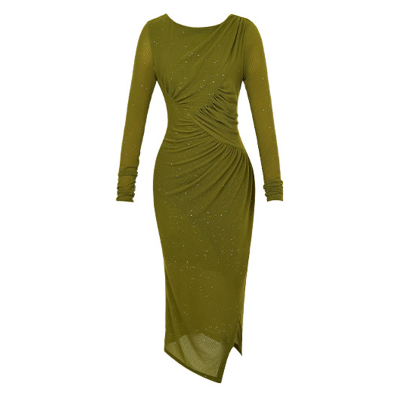 Dame mesh pailletter lang asymmetrisk kjole kvinder elastisk tøj sexet o-hals folder fest gallakjole vestidos: S