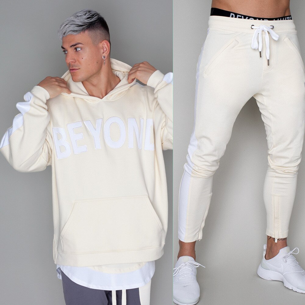 Ensembles De Vêtements De Sport Hommes En Cours D'exécution Sport Sweat Survêtement de Survêtement Gym Fitness Sweat À Capuche Pantalon Masculin Jogging D'entraînement Survêtement Vêtements: Beige / L