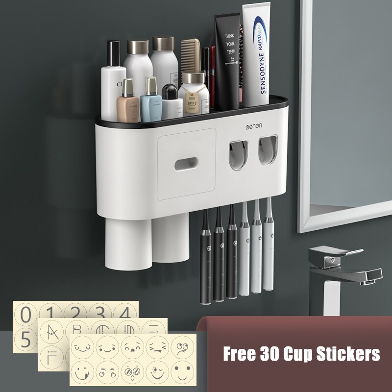 Magnetic Adsorption Inverted Toothbrush Holder Double Automatic Toothpaste Squeezer Dispenser Storage Rack Bathroom Accessories: Black with 2cups