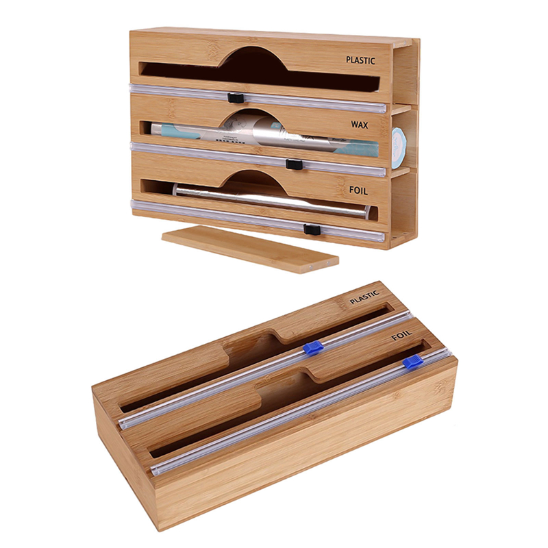 Plastic Wrap Dispenser with Cutter Bamboo Wood Saran Wrap Dispenser Refillable Fresh-keeping Box Home Kit