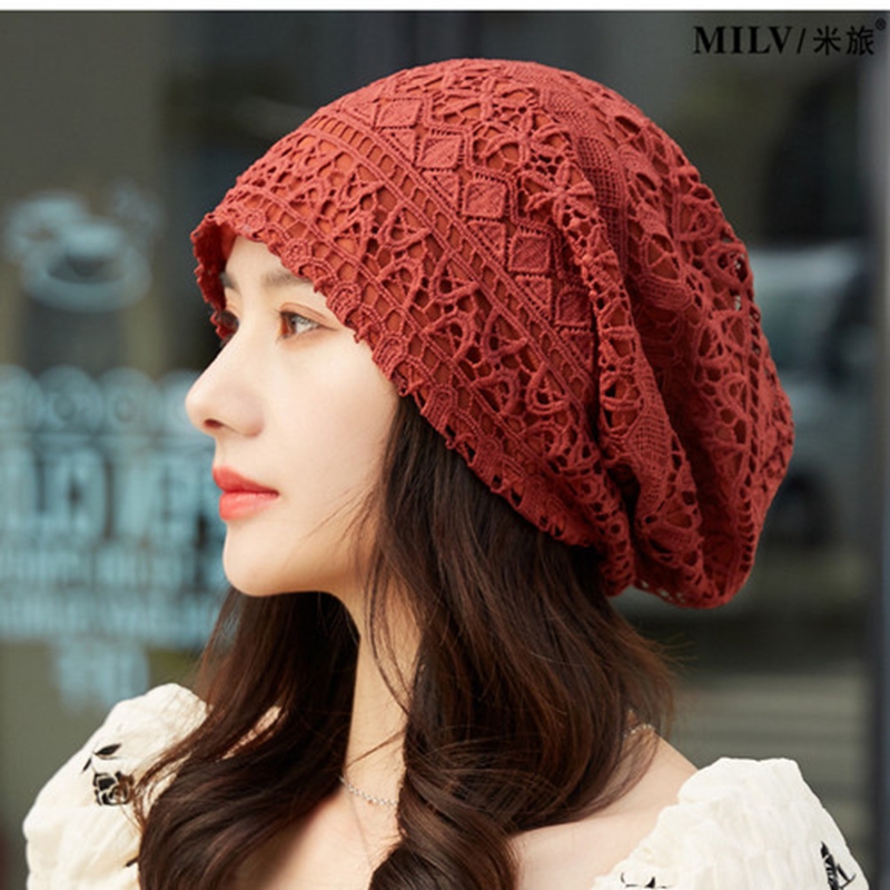 Damskie czapki wiosna lato cienkie czapeczki dla kobiet projektant koronki kwiat skullies chustka na głowę kapelusz jesień najnowsze czapki turban: 3