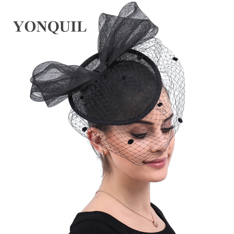 Fancy Grote Boog Haar Mesh Tovenaar Zwarte Hoed Haarspelden Bruiloft Hoofddeksels Vrouwen Banket Hoofddeksel Formele Veiling Bruid Fedora Cap