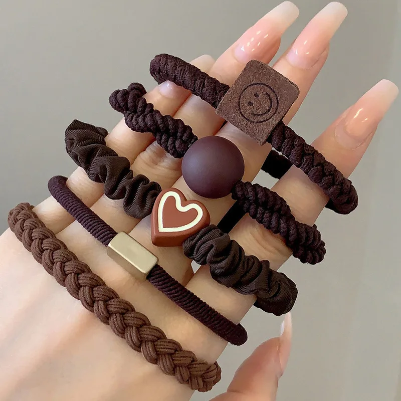 5pcs/Set Simple Heart Ball Charms Scrunchie No Damage Elastic Braided Hair Ties Ropes Women Girls Ponytail Holder Rubber Bands: SKY BLUE