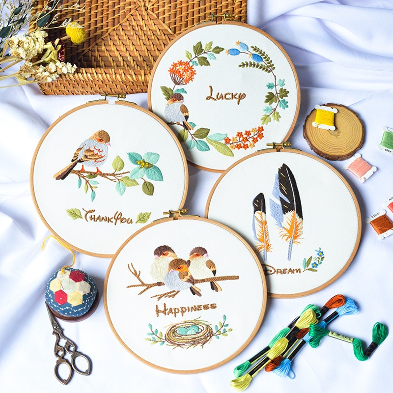 Livliga fåglar broderi kit gör-det-själv handarbete söta fåglar fjäder handarbete för nybörjare korsstygn konsthantverk (utan båge)