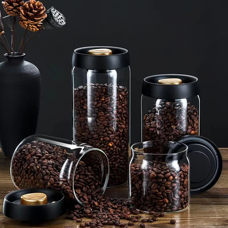Vakuumversiegeltes Glas für Kaffeebohnen, Vorratsglas für Lebensmittel aus transparentem Glas, feuchtigkeitsbeständiger und luftdichter Haushaltsbehälter