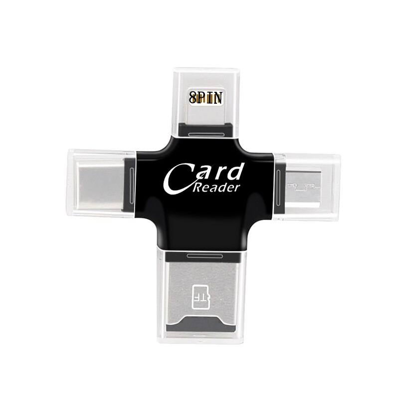 Kismo 4 in 1 Micro SD Memory Card Reader Lightning/Type-C OTG Card Reader for iphone 6 7 8 Plus Samsung S8 S9 OnePlus 5 6: Black