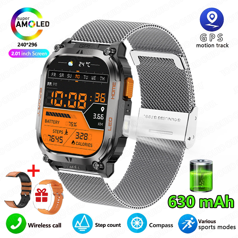 Smartwatch z wbudowanym GPS, wodoodporny IP68, bateria 630 mAh, kompas, barometryczny wysokościomierz, odtwarzanie muzyki Bluetooth, sterowanie głosowe AI, połączenia BT.: Jasne