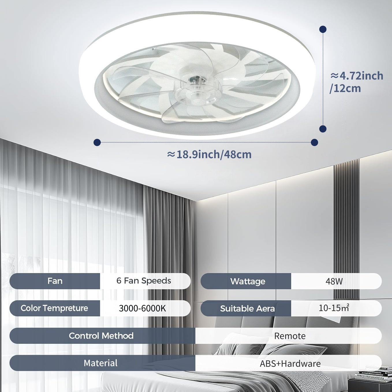 Takvifte med led-lys og fjernkontroll, elektrisk viftelampe, dimming med , 6- hastigheter, stue, taklampe til soverommet: Grønn