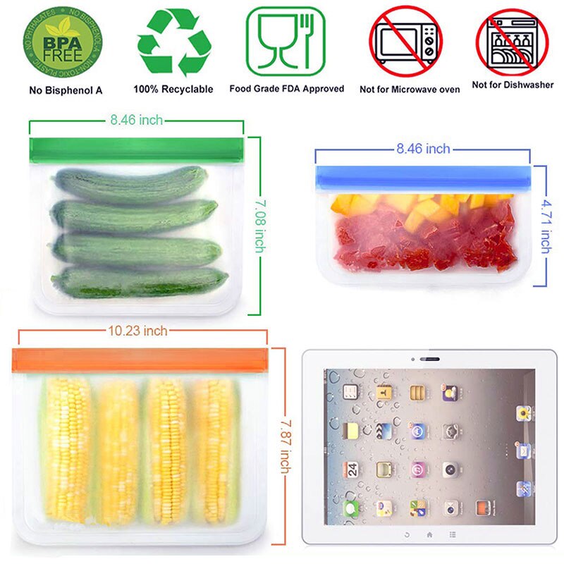 Juego de Bolsas de Silicona para Alimentos, Conjunto de Empaques con Sello, Ideal para Almacenamiento y Conservación Fresca de Frutas y Verduras, Reutilizable, A Prueba de Fugas, Estilo Bolsa Ziploc, 14 Piezas