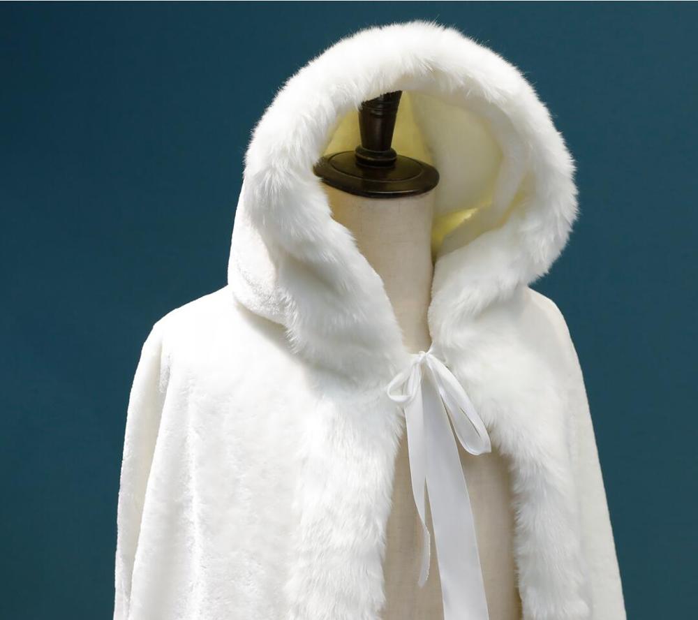 Cape de mariée en fausse fourrure blanche chaude, magnifique Cape de mariage à capuche, longue veste enveloppante de fête, châle blanc/ivoire