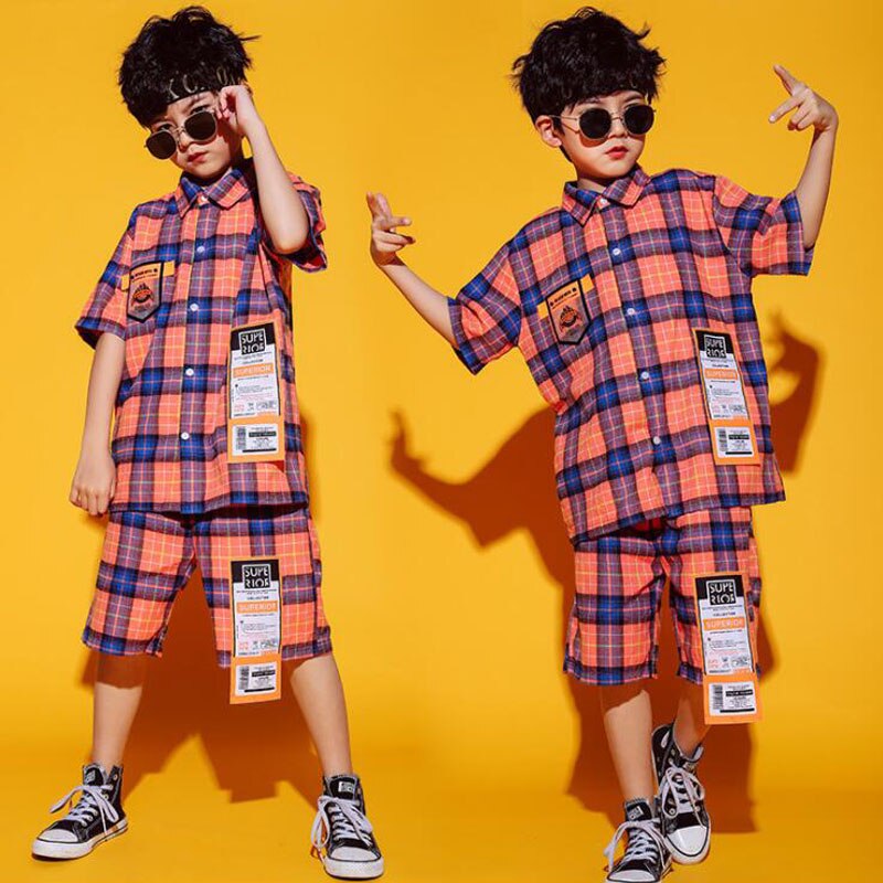 Kids Cool Ballroom Hip Hop dancing Outfits Plaid Tshirt dance Shorts Jazz Dance Wear Costumes Clothes For Boys Girls