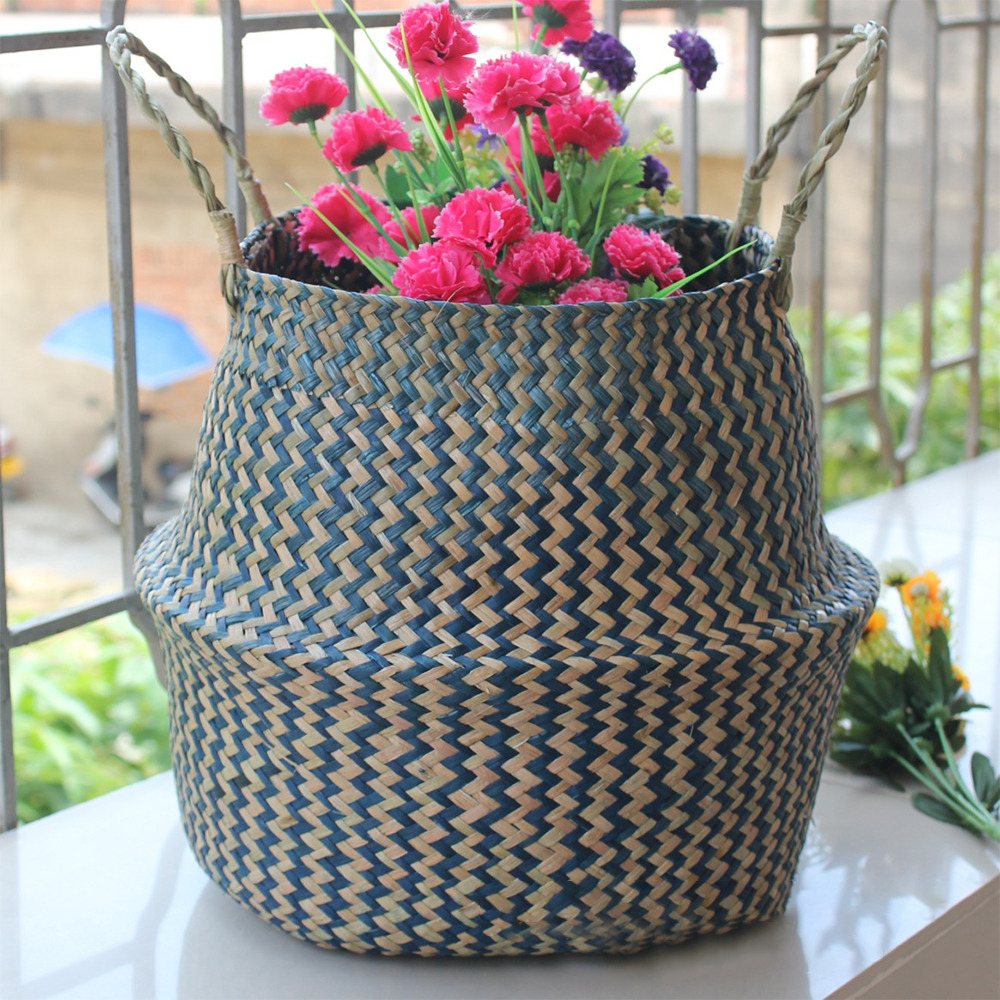 Handmade Woven Storage Basket Folding Clthoes Laundry Basket Straw Wicker Rattan Seagrass Belly Garden Flower Pot Plant Basket