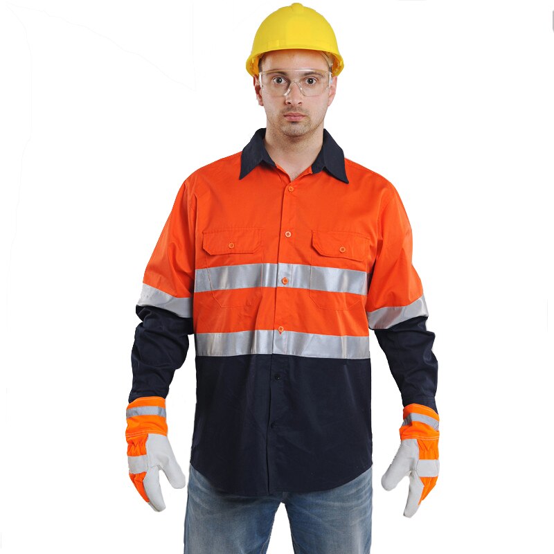 Mens Werk Shirt Lange Mouwen Veiligheid Werk Shirt Reflecterende Werkkleding 100% Katoen Oranje Navy Veiligheid Shirts Met Reflecterende Streep: orange and navy / XXL-chest 116cm
