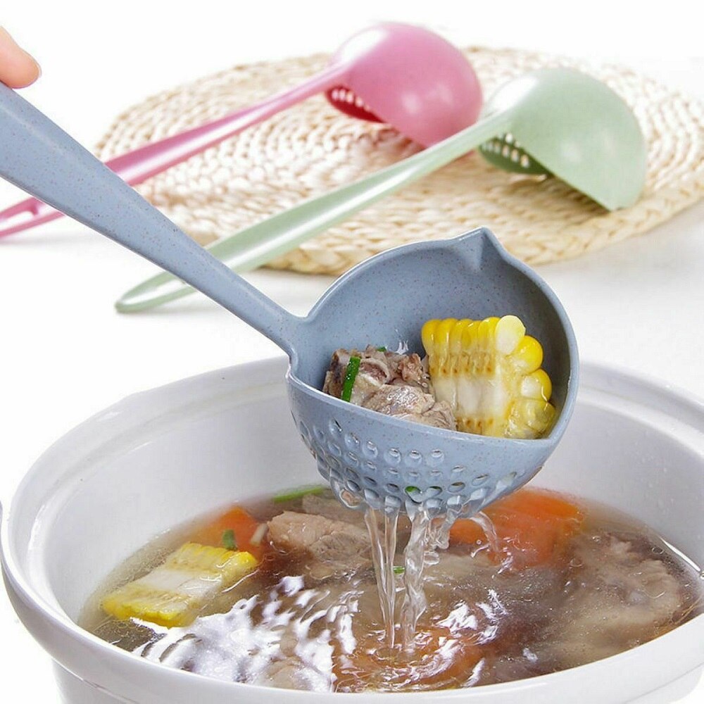Cucharón de plástico 2 en 1, utensilios de cocina, cuchara de sopa de mango largo, colador para el hogar, cuchara de cocina