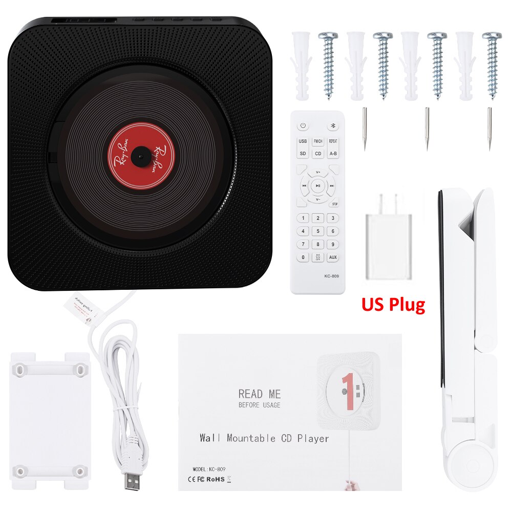 ELECTOP Wall Mounted CD Player Surround Sound FM Radio Bluetooth USB MP3 Disk Music Player Remote Control Stereo Speaker Home: Black with US Plug