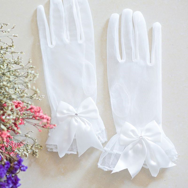 Bruid Handschoenen Gaas Boog-knoop met Vingers Korte Witte Handschoen Trouwjurk Accessoires Foto Props
