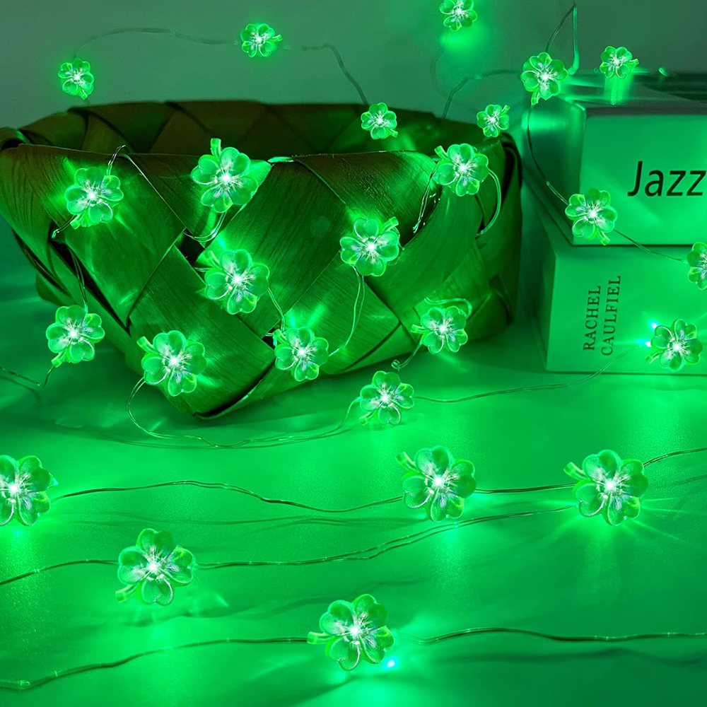 3M LED St Patricks Day Decorations Battery Operated Shamrocks String Lights Lucky Clover Green Fairy Lights DIY Party Ornaments