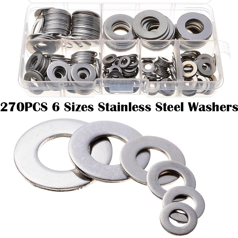 270PCS 6 Sizes Stainless Steel Durable Washers With Case For Machinery Car Assorted Solid Crush Seal Flat Gaskets Set