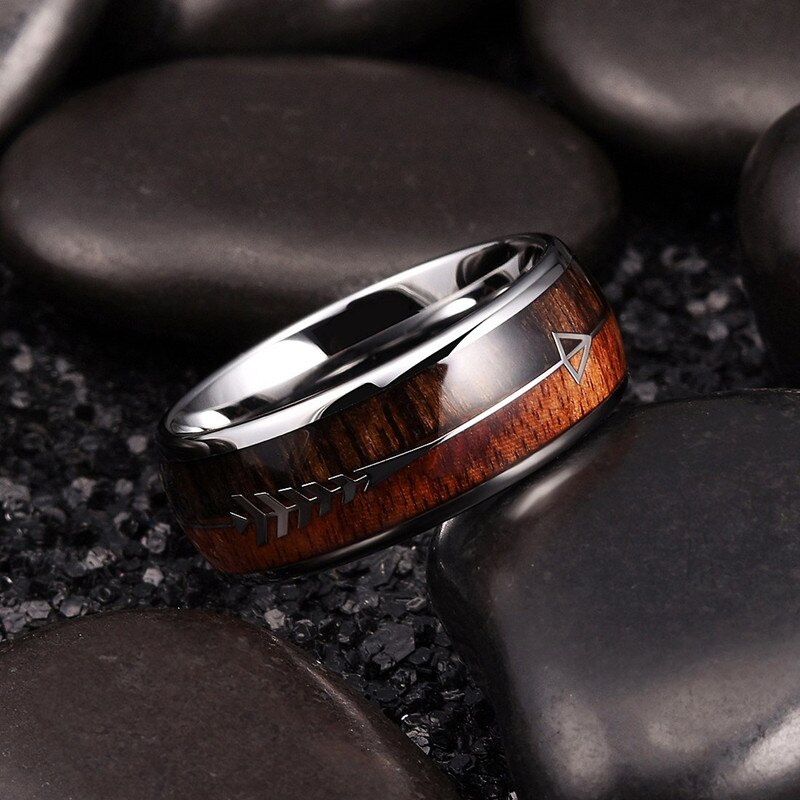 FDLK 8MM Men&#39;s Stainless Steel Ring Koa Wood Inlaid Arrow Engagement Band Wedding Jewelry For Him