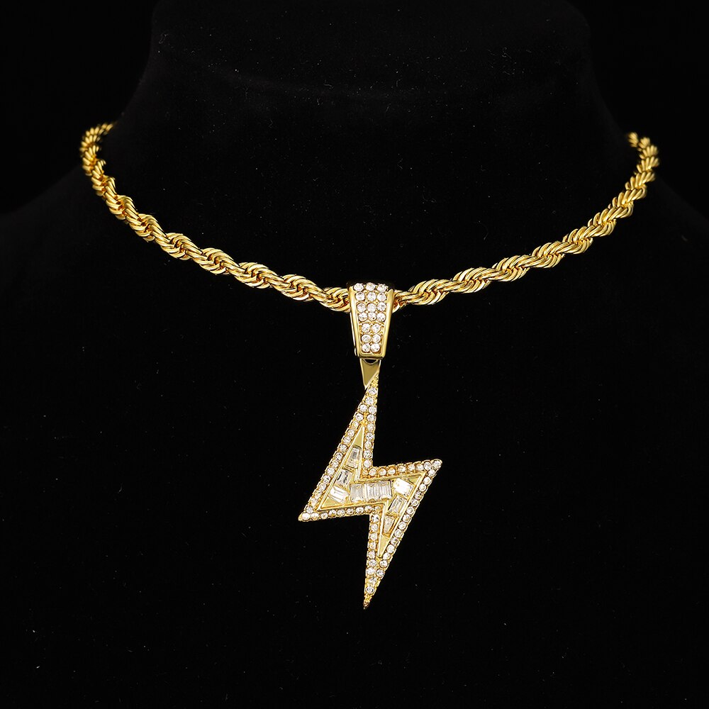 Hip Hop Lightning Pendant Necklace Gold Tennis Chain Iced Out Rhinestone Necklaces for Women Men collares de moda