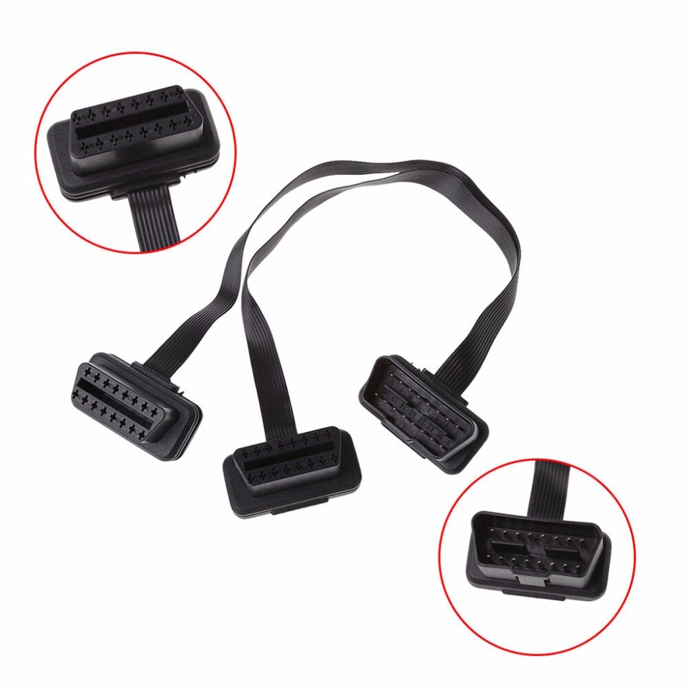 OOTDTY 30cm 16 Pin OBD2 Male To Double Female Splitter Flat Thin Y Connector Extension Cable Suit for OBD II port