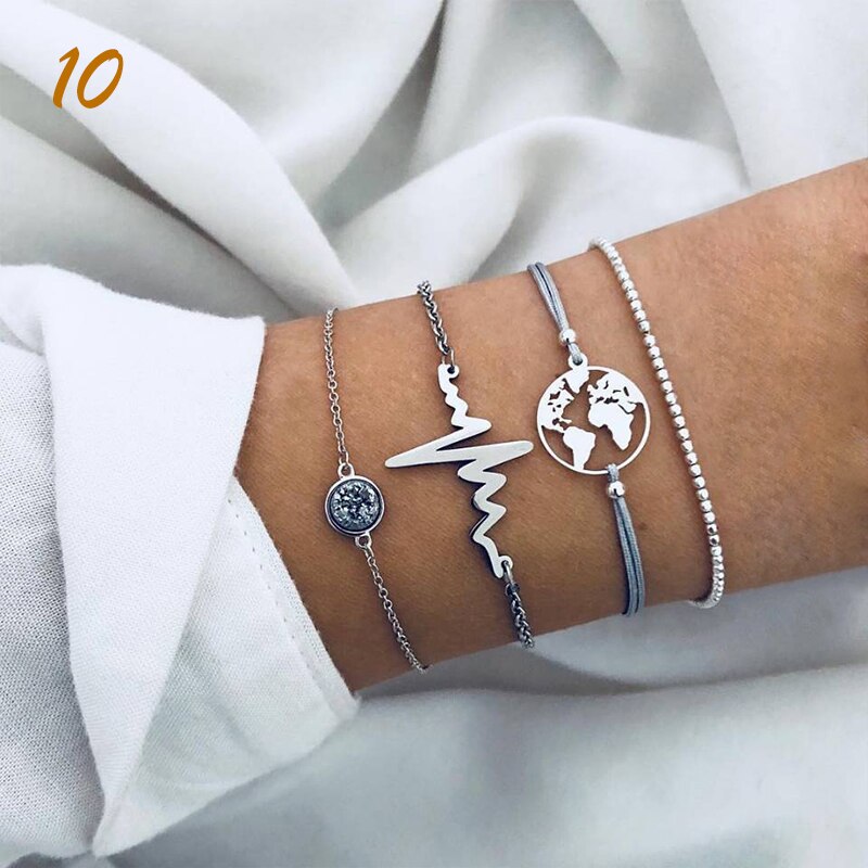 4 unids/set Bohemia Vintage pulseras para las mujeres de la joyería de Boho granos geométricos de la mano de la cadena encanto pulsera brazaletes conjunto Набор: 10