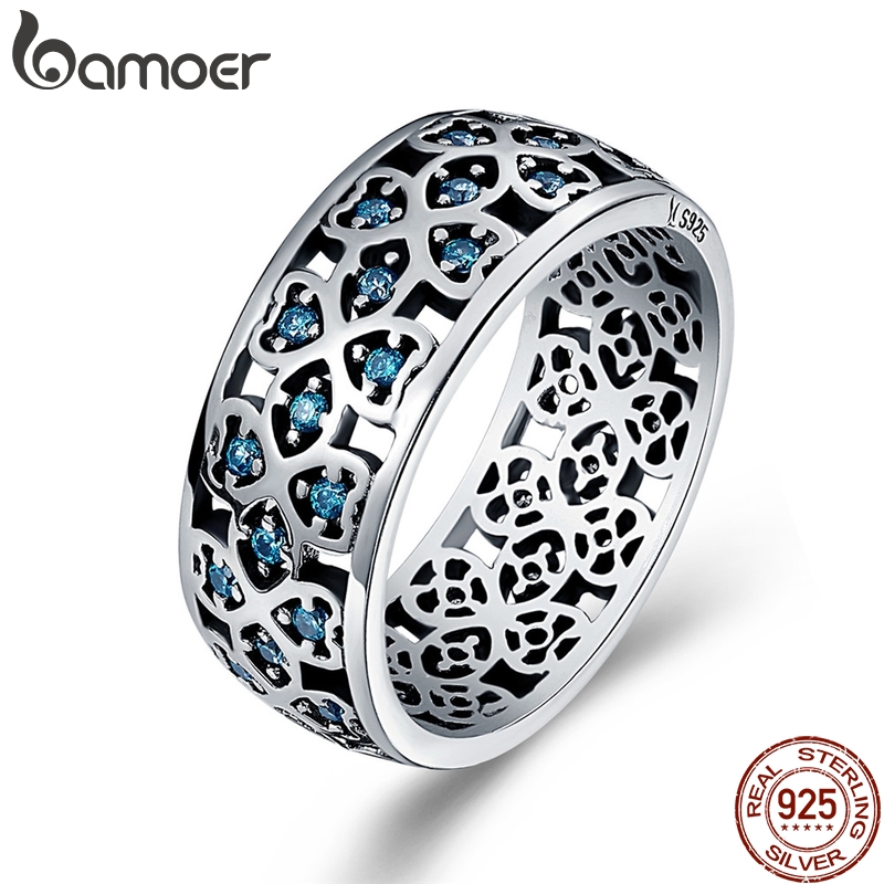BAMOER Brede Zilveren Ringen voor Vrouwen Authentieke 925 Sterling Zilveren Bee Ster Blauwe Vinger Ring Vrouwelijke Fijne Sieraden Party Bijoux