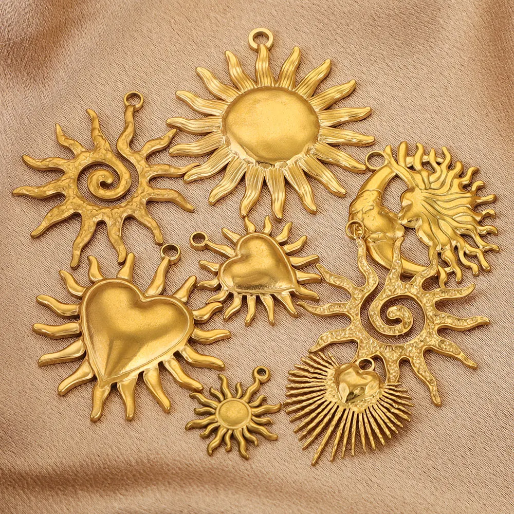 5 uds conectores de dijes de acero inoxidable corazón grande sol chapado en oro DIY collar pendientes joyería de materiales para hacer al por mayor