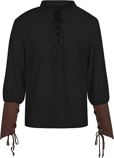 Camicia da uomo medievale rinascimentale con lacci Camicia da pirata Steampunk vintage a maniche lunghe Costume da vichingo: M / nero
