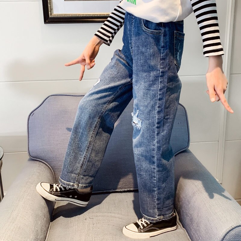 Teenage Girl Ripped Jeans With Holes Kids Casual Denim Trousers Teens Cotton Wide Leg Pants 4 5 6 7 8 9 10 11 12 13 14 Year