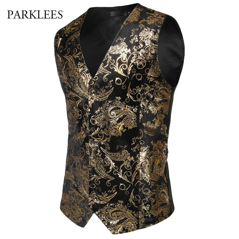 Steampunk Anzug Weste Männer glänzend Bronzing Paisley Blume Chaleco hombre schlank passen Ärmellose Hochzeit Rauchen Kleid Weste Weste Männer
