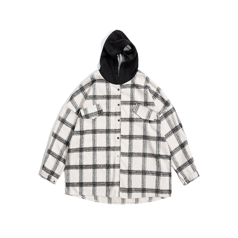 Overshirt herr höst ledig lös långärmad huva yllejacka kläder streetwear manlig rutig skjorta ytterkläder man