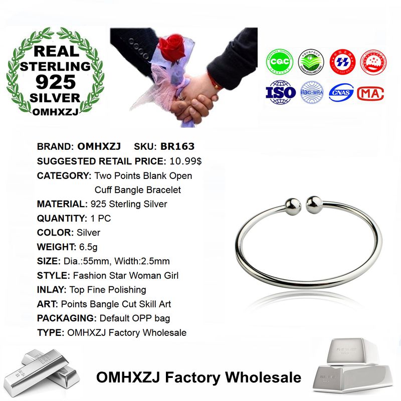 OMHXZJ Persoonlijkheid Mode OL Vrouw Meisje Zilveren Eenvoudige Blank Open 925 Sterling Zilveren Manchet Bangle Armband BR163