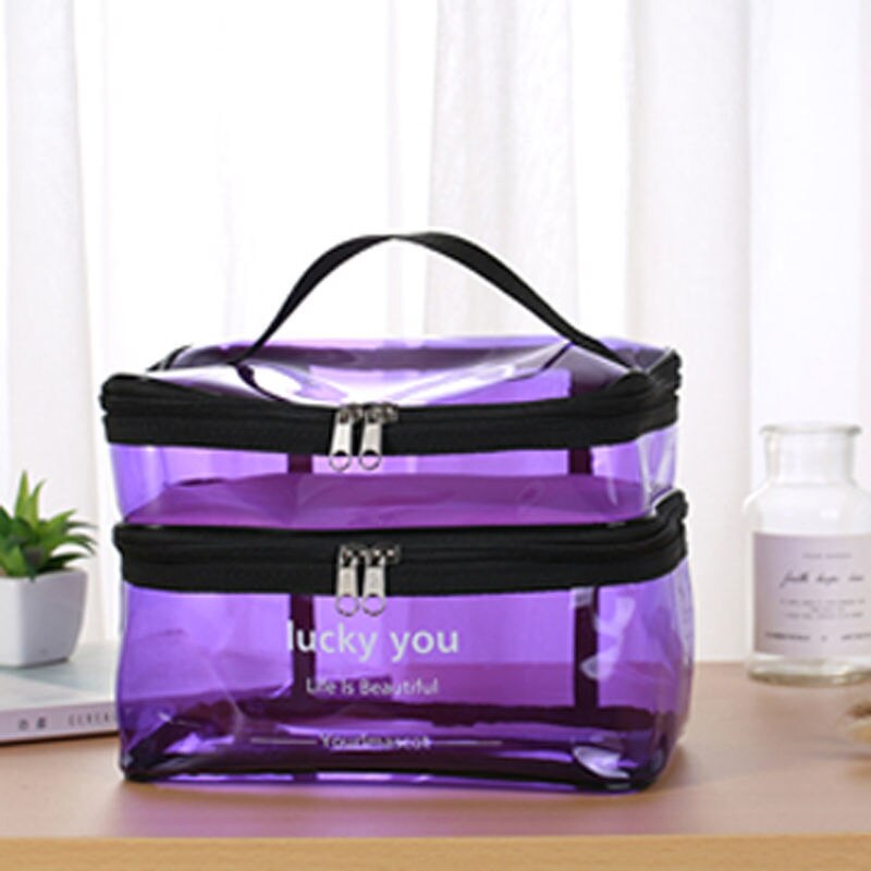 1Pctransparent Dubbele Laag Reizen Cosmetische Zak Jelly Kleur Grote Capaciteit Cosmetische Case Mode Vrouw Wash Organizer Make Tas: Purple
