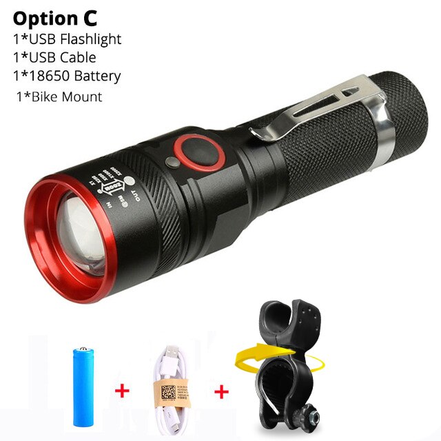 Sykkellys ultralys 8000 lumen zoom  t6 sykkel front led lommelykt lampe usb oppladbart sykkellys  by 18650 batteri: Alternativ c