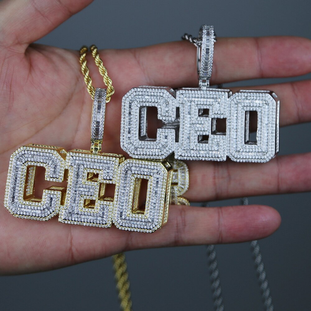 Iced Out Bling Cubic Zirconia CEO Necklace 3 D Two Tone Color Letters CEO Pendant Necklaces Hip Hop Men Women Jewelry