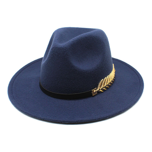 Fedoras Big Brim Hats For Women British Style Vintage Church Hats Lady Flat Brim Fedoras Autumn Winter Women Felt Decoration Hat: Navy blue