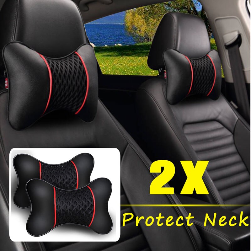 3D Pu Leather Headrest 2Pcs Black Red Car Seat Head Neck Rest Cushion Pad 3D Headrest Pillow Car Interior Decoration