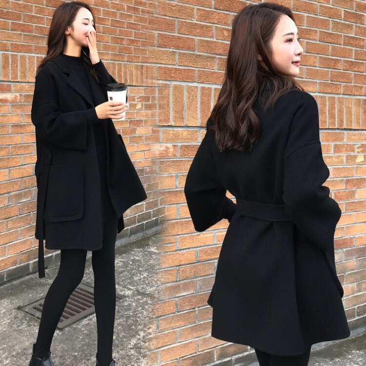 Efterår sort d-side cashmere frakke kvinder kort uldfrakke vinter dame outwear afslappet uldfrakke: Xxl
