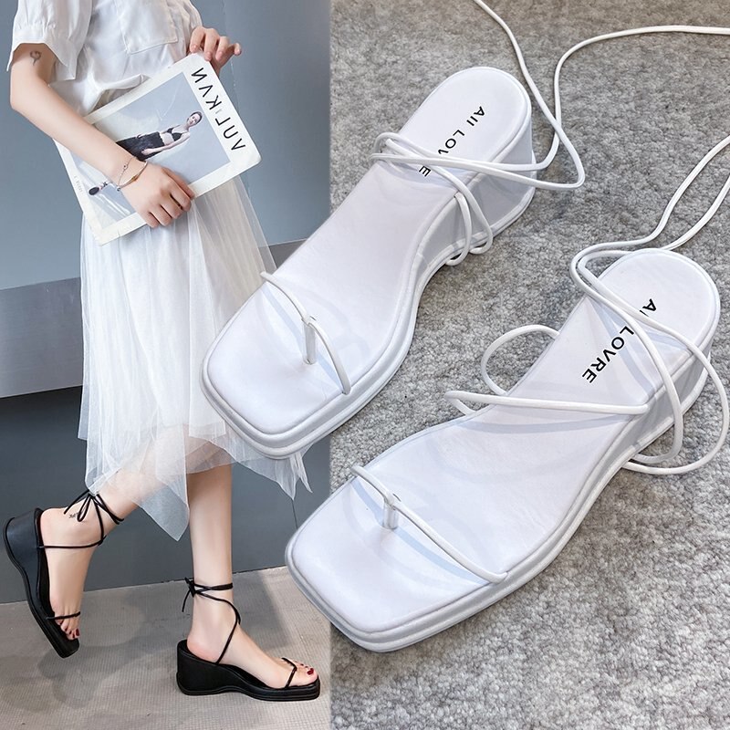 Square Toe Wedges Women Sandals Lace Up Gladiator Sandal Back Strap Summer Shoes Women Casual Beach Sandal