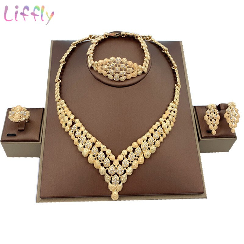 Liffly Indian Jewelry Sets Nigerian Beads Bridal Wedding African Costume Dubai Gold Neckace for Women Jewelry Set: Default Title