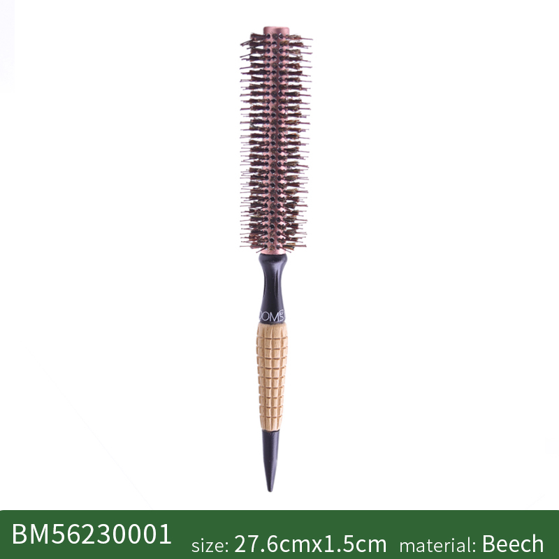 Cepillo de pelo con cerdas de jabalí de barril redondo para mujer, peine para el pelo con rizador, cepillo para el pelo en rollo antiestático, peines profesionales de madera: Castaño