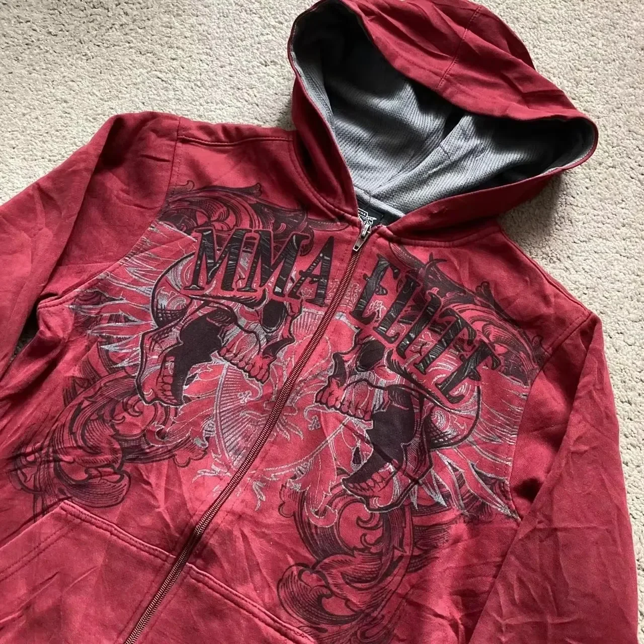 Red Hip Hop Zipper Hoodies Vintage Elite Full Zip Hoodie Sweatshirt Size Skull Printing Red Sweatshirts