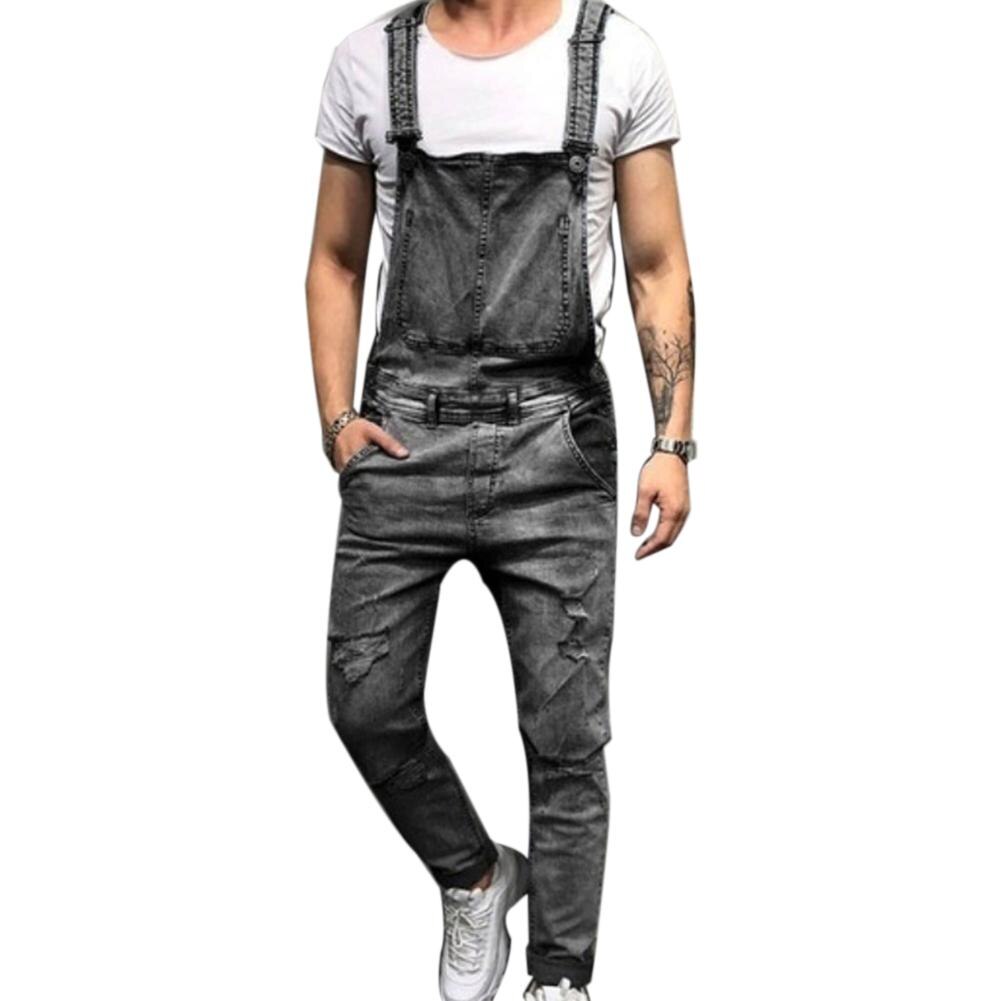 SALES! Retro Summer Men Ripped Denim Overalls Destroyed Hole Long Pants Jeans Jumpsuit: Gray / XL