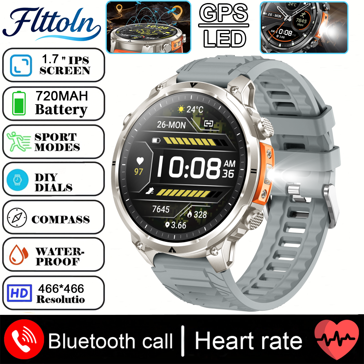 2025 Nuovo Militare GPS Astuto Della Vigilanza 3ATM Impermeabile 650mAh Batteria BT Chiamata Frequenza Cardiaca Pressione Sanguigna Sport tracker Smartwatch Da Uomo: Rosso